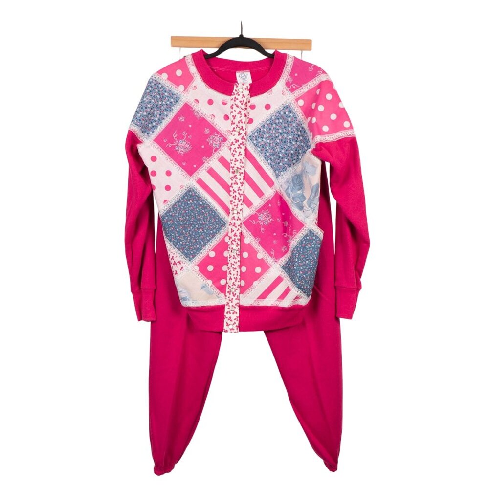 Plaid Patchwork Cardigan Sweatshirt Sweatpants M Pink Floral Lace 90s Mom Cozy